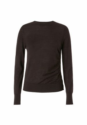 Maglione lungo marrone a maniche lunghe con colletto e orlo a costine. Presenta arricciature laterali con dettagli in bottone. Tessuto morbido e liscio. Taglio classico.