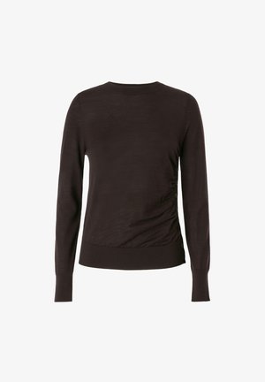 Maglione lungo marrone a maniche lunghe con colletto e orlo a costine. Presenta arricciature laterali con dettagli in bottone. Tessuto morbido e liscio. Taglio classico.