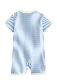 Kortærmet jumpsuit lavet af blød bomuld, med blå og hvide vandrette striber, rund halsudskæring og korte ben.