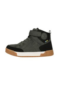 Middelhøj sneakers i mørkegrøn og sort. Har en overdel i ruskind, gummisål og en Velcro-rem for en sikker pasform. Teksturerede detaljer forbedrer designet.