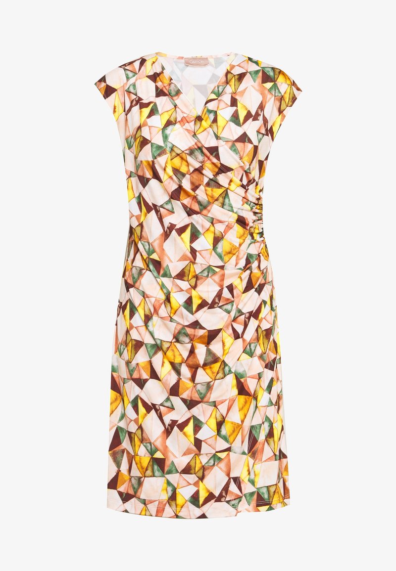 Robe sans manches avec décolleté en V et style portefeuille, présentant un motif géométrique dans des tons jaunes, verts, marron et beige avec fronces latérales.