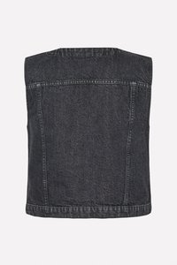 Schwarze Jeansweste mit ärmellosem Design. Sie hat einen hohen Kragen und sichtbare Nähte entlang der Kanten. Schlichter, unauffälliger Rücken.