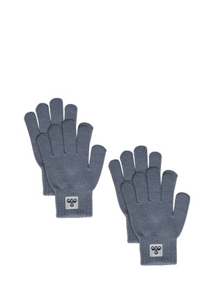 Two pairs of gray knitted gloves, each with a small patch featuring a black bee logo on the wrist area.