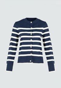 Cardigan à manches longues rayé bleu marine et blanc avec col rond et six boutons argentés à l'avant.