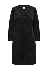 Robe en velours côtelé noir avec un col en V, des manches longues et des poignets élastiques. Présente une coupe décontractée et des poches latérales pour plus de praticité.