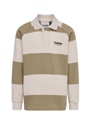 Langærmet polo skjorte i beige og olivengrønne striber, lavet af blødt bomuld, med krave og et logo print på forsiden.