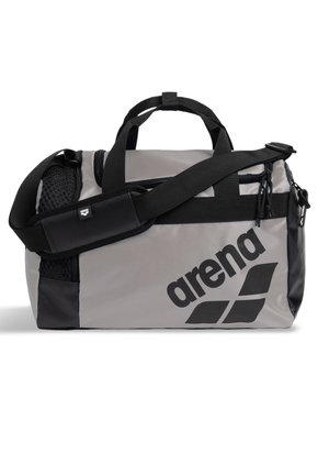 Borsa sportiva Arena grigia e nera con tracolla, manici superiori, tasca laterale in rete e grande logo sul davanti.