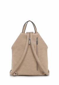 Zaino in ecopelle beige con doppia cerniera, spallacci regolabili e design minimalista. Presenta una maniglia superiore e linee eleganti.