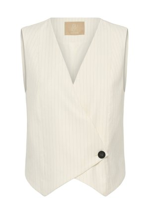 Chaleco sin mangas de color crema con finas rayas verticales, escote en V y cierre frontal con un solo botón negro.