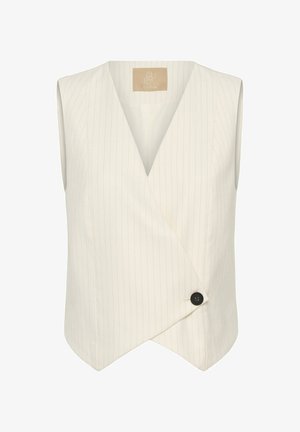 Cream sleeveless vest with thin vertical pinstripes, V-neckline, and single black button closure at front.