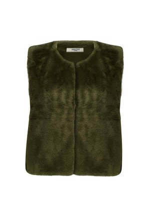 Gilet en fausse fourrure vert olive avec un col rond, une ouverture sur le devant et une texture douce. Présente un design simple sans fermetures visibles.