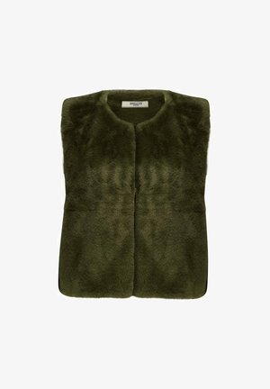 Gilet en fausse fourrure vert olive avec un col rond, une ouverture sur le devant et une texture douce. Présente un design simple sans fermetures visibles.