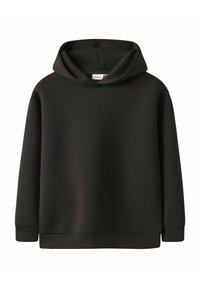 Hooded džemperis tumši brūnā audumā, ar brīvu piegriezumu, garām piedurknēm un ribotām piedurknēm un apakšmalu. Gluda tekstūra bez rakstiem.