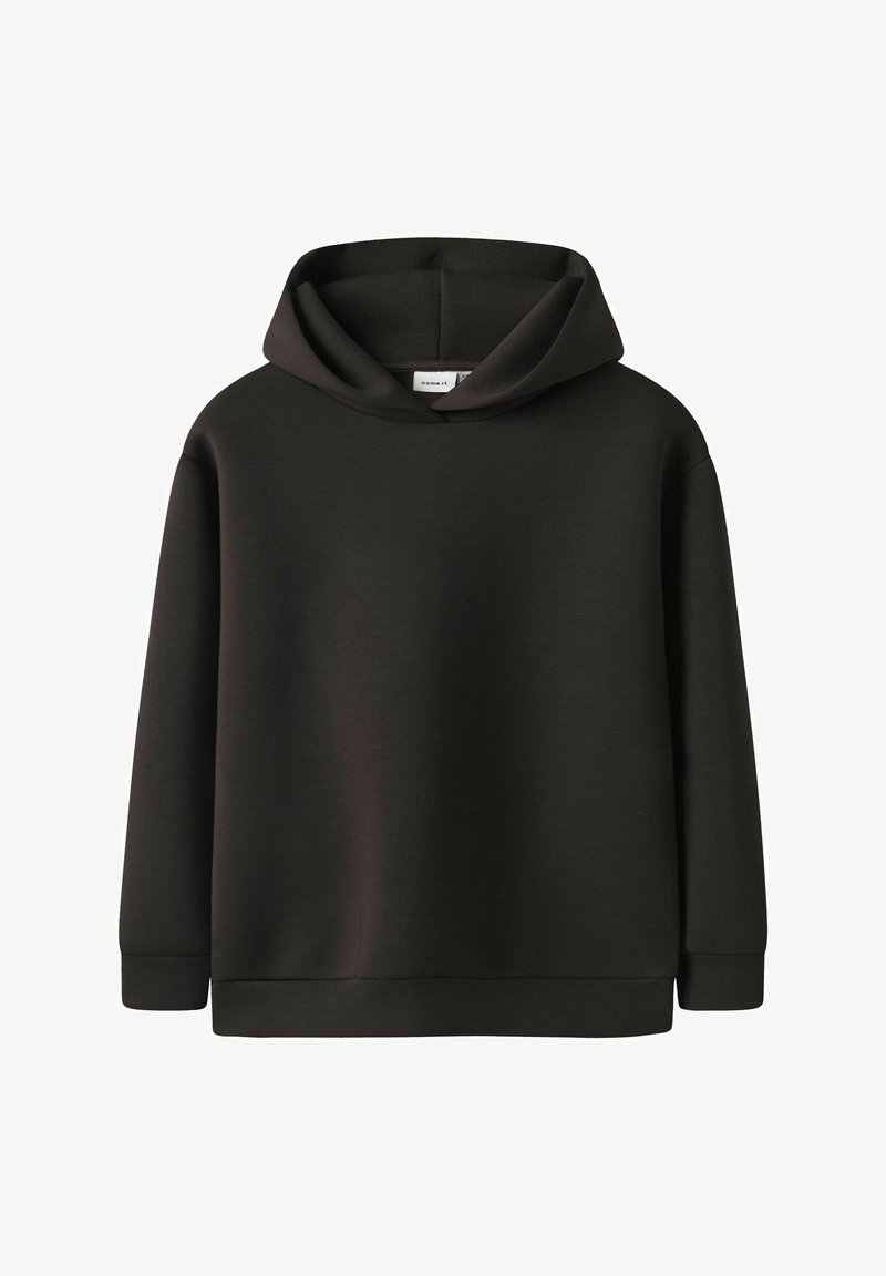 Hooded džemperis tumši brūnā audumā, ar brīvu piegriezumu, garām piedurknēm un ribotām piedurknēm un apakšmalu. Gluda tekstūra bez rakstiem.