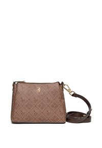 Brązowa torebka typu crossbody ze wzorem, z złotymi detalami i logo. Zaprojektowana o strukturalnym kształcie oraz regulowanym pasku. Teksturowana powierzchnia.