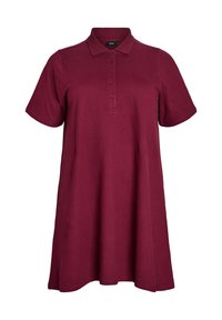 Bordeaux polo jurk van zachte stof, met een kraag, korte mouwen en drie knopen aan de voorkant, met een losse, A-lijnsilhouette.
