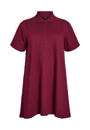 Bordeaux polo jurk van zachte stof, met een kraag, korte mouwen en drie knopen aan de voorkant, met een losse, A-lijnsilhouette.