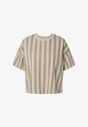 Tricou lejer cu mânecă scurtă, cu dungi verticale bej și albe, cu gât rotund, pe fundal alb.