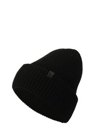 Black knit beanie with a textured, ridged pattern and a folded cuff. Features a small square logo tag on the front.