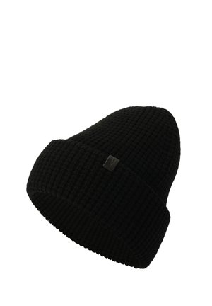 Black knit beanie with a textured, ridged pattern and a folded cuff. Features a small square logo tag on the front.