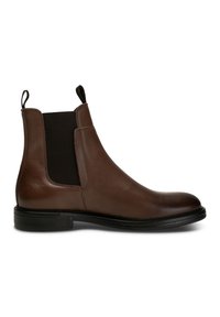 Brown leather chelsea boot featuring elastic side panels, a rounded toe, sleek shape, and a black rubber sole for added traction.
