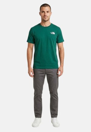 Uomo in piedi con una maglietta verde The North Face, pantaloni grigi e scarpe da ginnastica bianche su uno sfondo bianco semplice.
