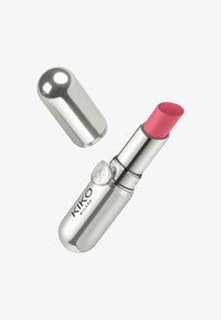 Metallic silver lipstick case with pink lipstick extended and detached cap, branded "KIKO Milano," on a white background.