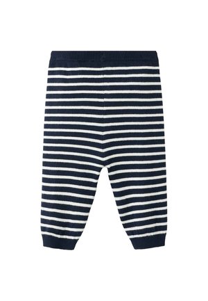 Pantalon court rayé bleu marine et blanc avec une ceinture et des poignets côtelés, fabriqué en tissu doux et extensible. Convient pour une tenue décontractée.
