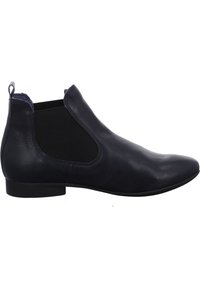 Bottine en cuir bleu marine avec un bout pointu, des panneaux latéraux en élastique et un petit talon carré. Texture lisse avec des détails de couture minimaux.