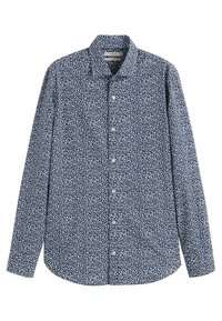 Langärmliges Hemd aus navyblauem Stoff mit weißem Blumenmuster, klassischem Kragen und Knopfverschluss vorne. Aus Baumwollmaterial.