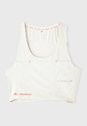 White athletic tank top with a scoop neckline, orange branded trim, and metallic print text "run with the mind." Features minimalist design elements.