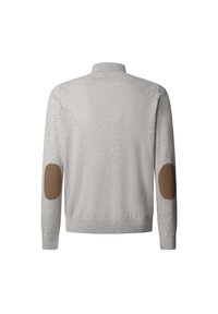 Helle graue Sweatshirt mit hohem Kragen und langen Ärmeln, ausgestattet mit braunen Ellbogen-Patches und einer taillierten Passform. Weicher Stoff und minimalistisches Design.