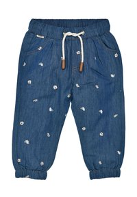 Jeans mit elastischem Bund, Kordelzug und floraler Stickerei. Verfügt über umgeschlagene Säume und eine lockere Passform für Komfort.