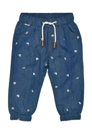 Denim pants with an elastic waistband, drawstring, and floral embroidery. Features cuffed hems and a relaxed fit for comfort.