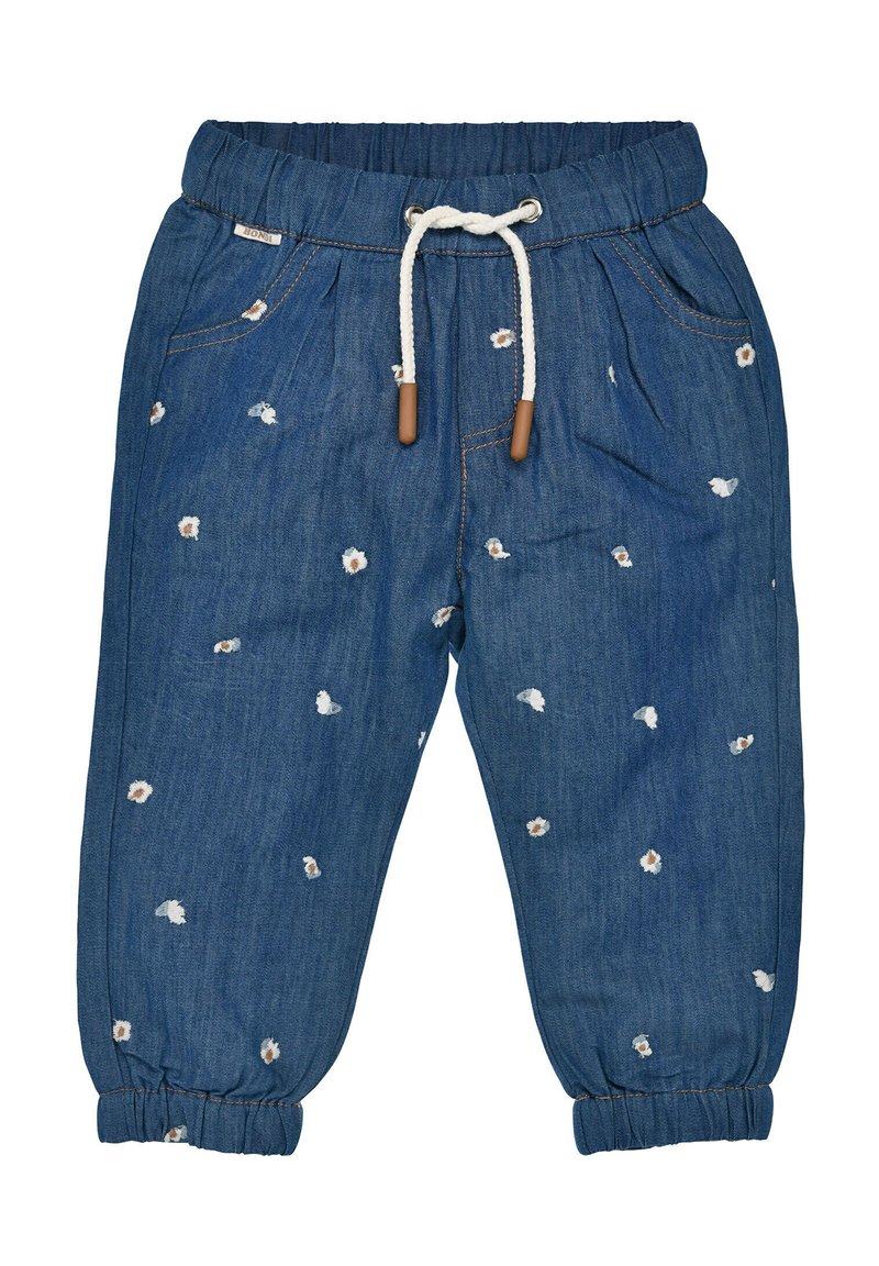 Jeans mit elastischem Bund, Kordelzug und floraler Stickerei. Verfügt über umgeschlagene Säume und eine lockere Passform für Komfort.