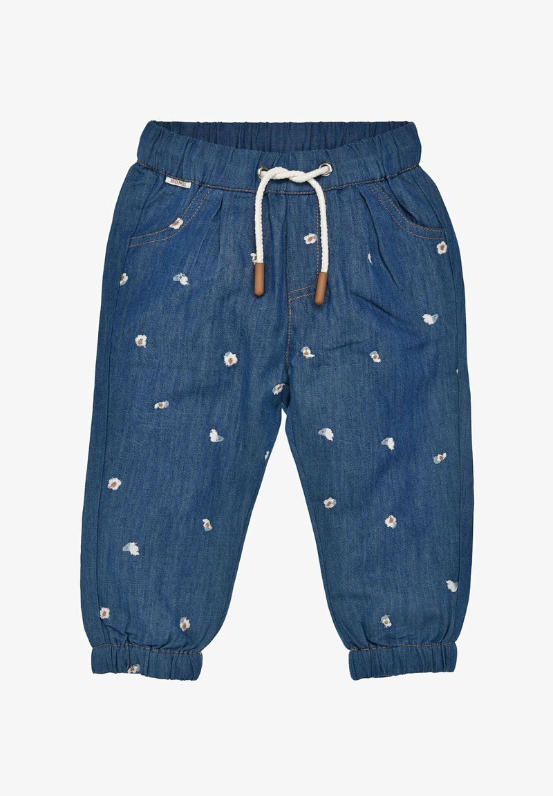 Jeans mit elastischem Bund, Kordelzug und floraler Stickerei. Verfügt über umgeschlagene Säume und eine lockere Passform für Komfort.