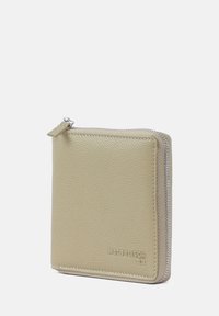 Pebbled leather wallet in light beige, square shape with a silver zipper, featuring embossed brand logo on the front side.