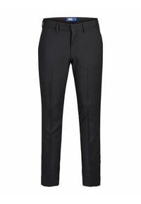 Pantalon formel noir, coupe slim, avec passants pour ceinture et plis marqués à l'avant, présenté sur un fond blanc.