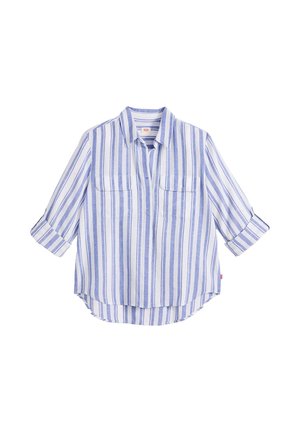 Blauw-wit gestreept overhemd met verticale strepen, knoopsluiting, lange mouwen opgerold tot driekwart lengte en twee borstzakken aan de voorkant.