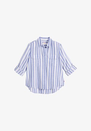 Blauw-wit gestreept overhemd met verticale strepen, knoopsluiting, lange mouwen opgerold tot driekwart lengte en twee borstzakken aan de voorkant.