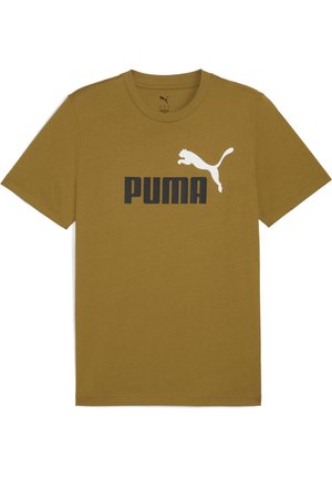 Camiseta de manga corta de color mostaza con logotipo negro de Puma y un gráfico de puma saltando en blanco centrado en la parte delantera.