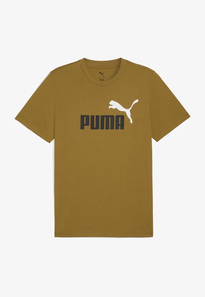 Camiseta de manga corta de color mostaza con logotipo negro de Puma y un gráfico de puma saltando en blanco centrado en la parte delantera.