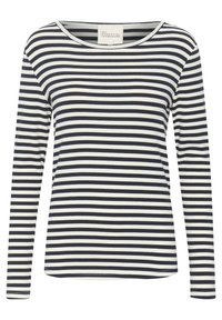 Long-sleeve striped top in navy and white, featuring a round neckline and soft fabric. Straight cut with a hemline at hip length.