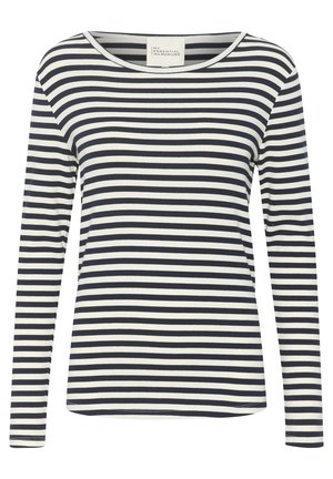 Long-sleeve striped top in navy and white, featuring a round neckline and soft fabric. Straight cut with a hemline at hip length.