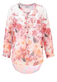 Blusa trasparente stampata floreale in rosa chiaro e arancione, caratterizzata da maniche lunghe, chiusura a bottoni sul davanti e un orlo arrotondato con leggera trasparenza.