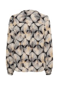 Langärmlige Bluse mit schwarzem Hintergrund und einem weißen und goldenen Muschelmuster, aus leichtem Material und mit gerafften Bündchen.