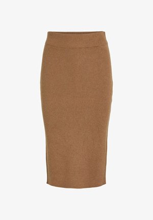 Brun ribbad stickad pennkjol med hög midja. Längd till mitten av benen med en slät yta och ett jämnt vertikalt mönster.