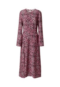 Leopardenmuster-Kleid in Pink mit schwarzen Flecken, lange Ärmel, runder Ausschnitt und Schlüssellochverschluss auf der Rückseite; fließende Silhouette.