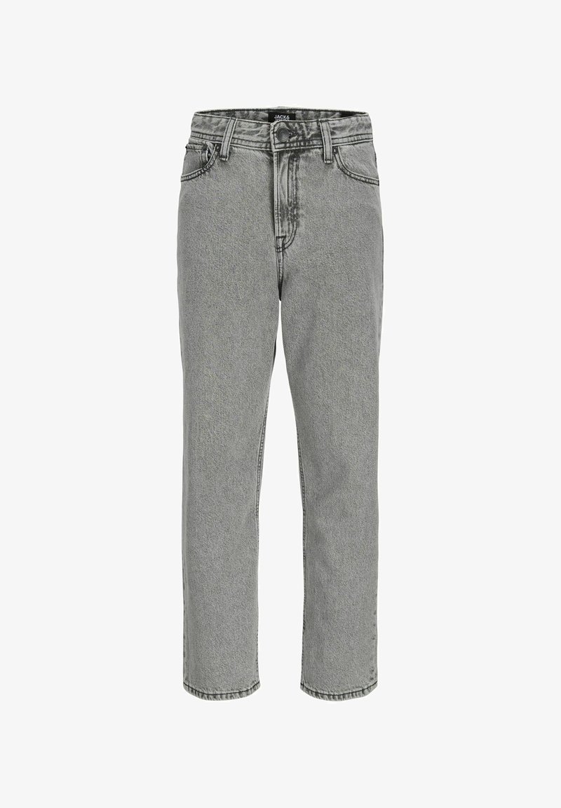 Grå denimjeans med rak bendesign, hög midja, fem fickor och kontrasterande sömmar. Har knäppning med knapp och bälteshällor.