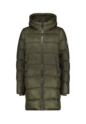 Olivgrüne Steppjacke mit Reißverschluss, Kapuze und plüschigem, gestepptem Design. Verfügt über Seitentaschen mit Druckknopfverschluss und Logo am Ärmel.
